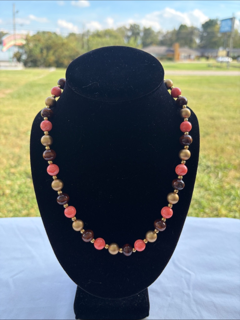 Gold, Brown and Coral Bead Necklace - Unbranded Women's Jewelry
